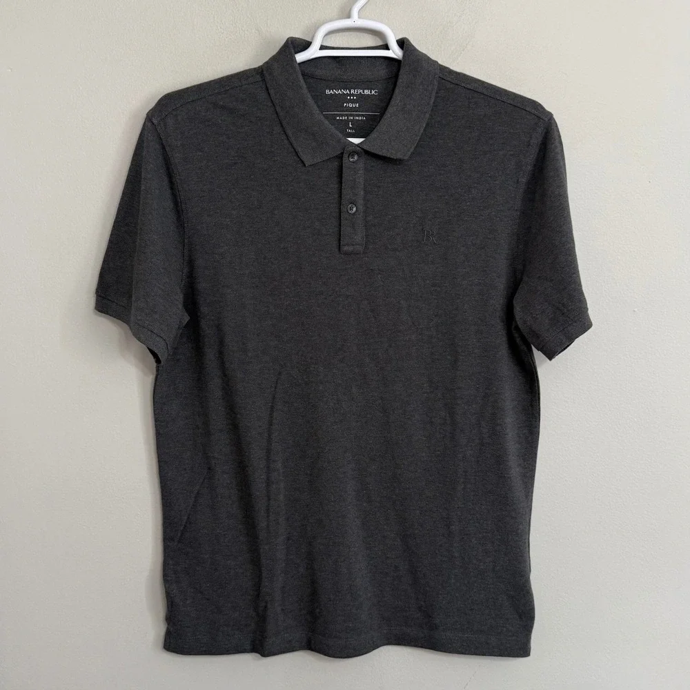 NEW Banana Republic Mens Large Tall Gray Pique Cotton Short Sleeve Polo Shirt